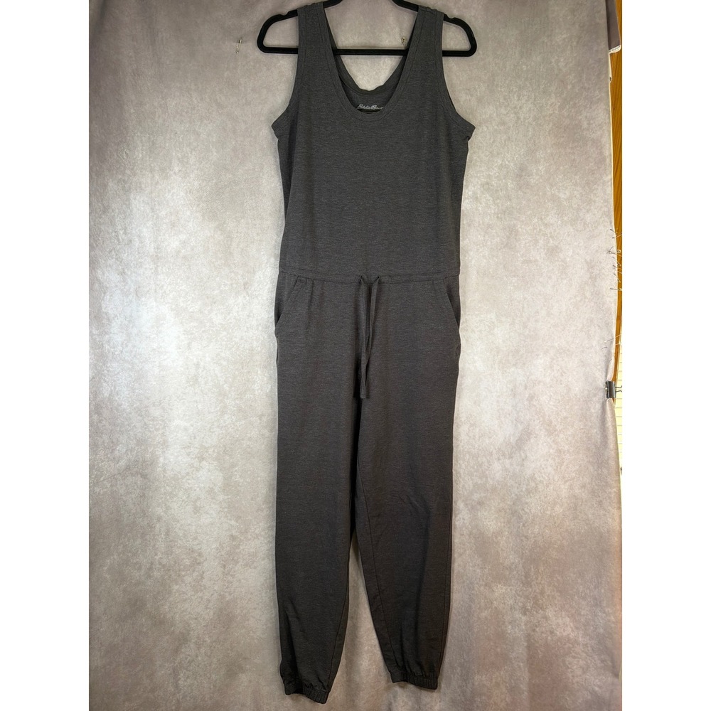 Eddie Bauer Jumpsuit Women Small Charcoal Gray Knit Drawstring Jogger Sleeveless